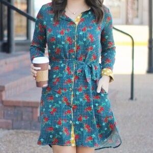 Matilda Jane Fa La La Shirt Dress Size Large Plaid Floral Button Down Colorful